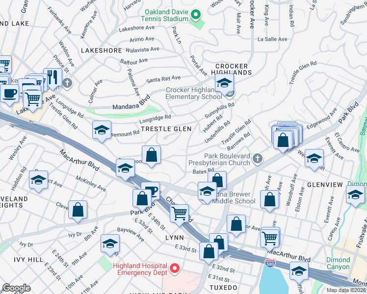 map of restaurants, bars, coffee shops, grocery stores, and more near 953 Grosvenor Place in Oakland