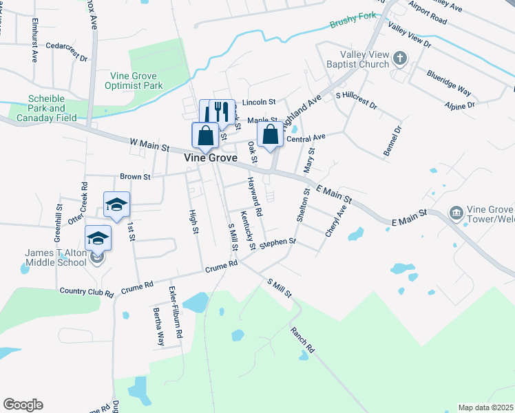 map of restaurants, bars, coffee shops, grocery stores, and more near 298 Vine St in Vine Grove
