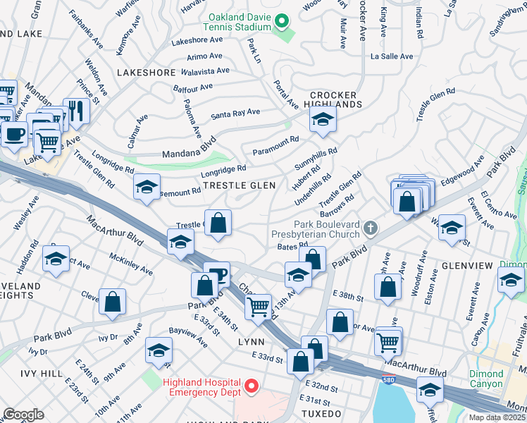 map of restaurants, bars, coffee shops, grocery stores, and more near 953 Grosvenor Place in Oakland