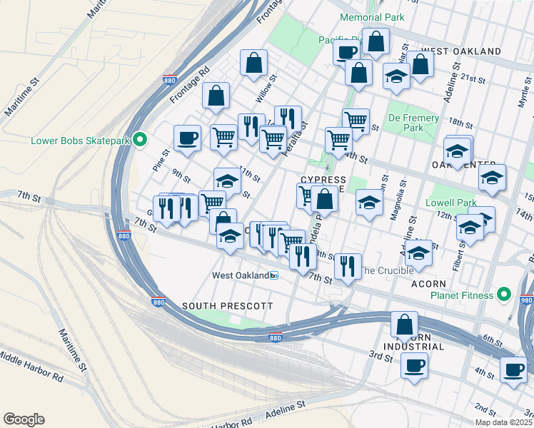 map of restaurants, bars, coffee shops, grocery stores, and more near 1514 9th Street in Oakland