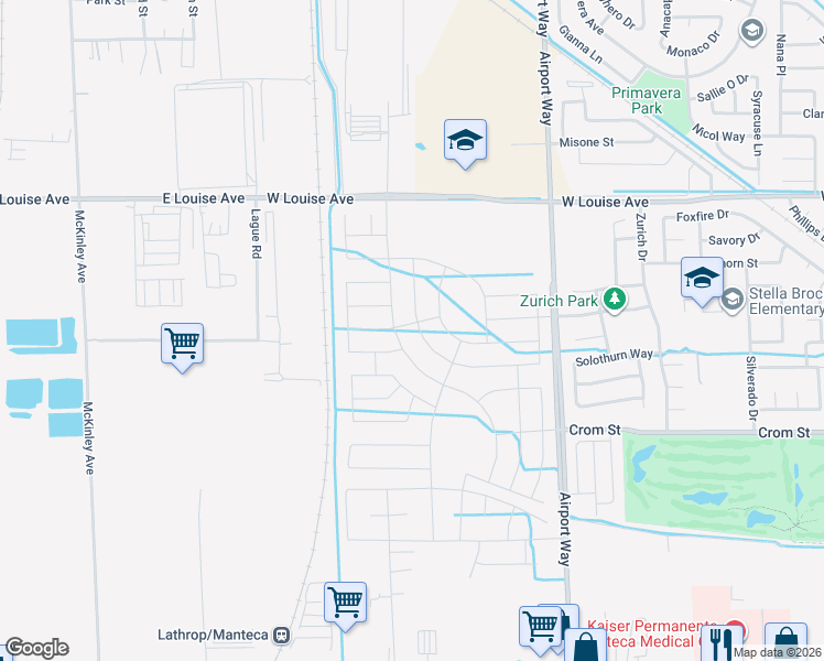 map of restaurants, bars, coffee shops, grocery stores, and more near 697 Airport Way in Manteca
