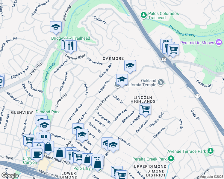 map of restaurants, bars, coffee shops, grocery stores, and more near 4167 Lincoln Avenue in Oakland