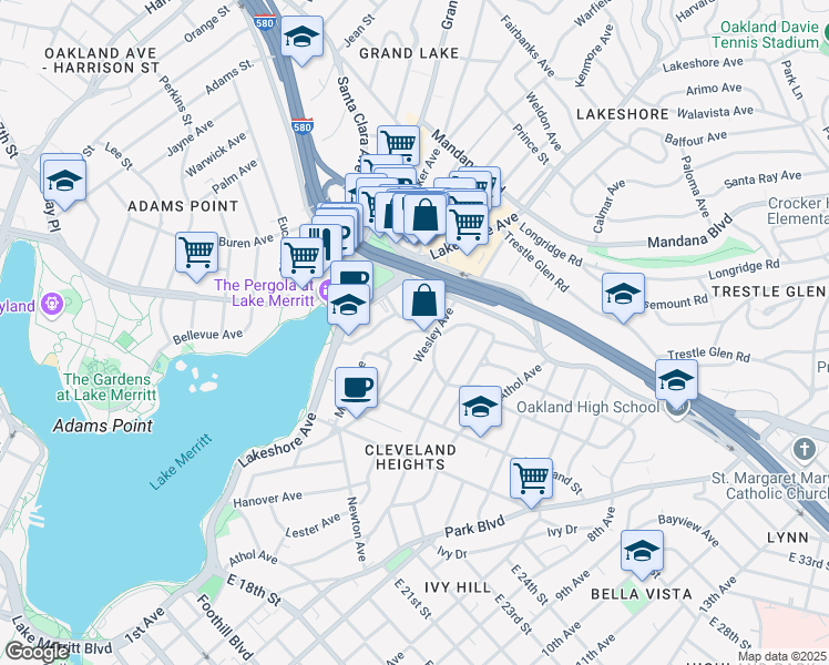 map of restaurants, bars, coffee shops, grocery stores, and more near 540 Merritt Avenue in Oakland