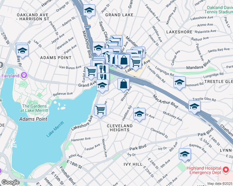 map of restaurants, bars, coffee shops, grocery stores, and more near 540 Merritt Avenue in Oakland