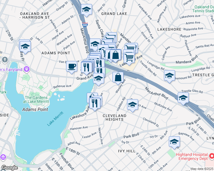 map of restaurants, bars, coffee shops, grocery stores, and more near 520 Boden Way in Oakland