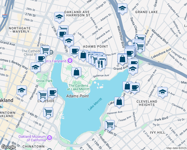 map of restaurants, bars, coffee shops, grocery stores, and more near 601 Bellevue Avenue in Oakland