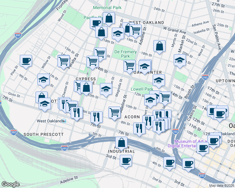 map of restaurants, bars, coffee shops, grocery stores, and more near 1027 Adeline Street in Oakland
