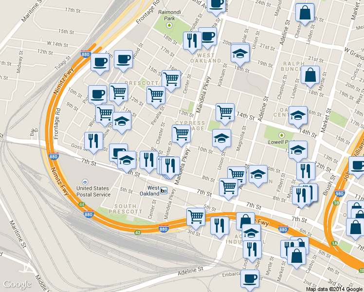 map of restaurants, bars, coffee shops, grocery stores, and more near 916 Center Street in Oakland