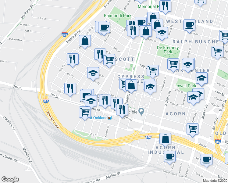 map of restaurants, bars, coffee shops, grocery stores, and more near 1480 9th Street in Oakland