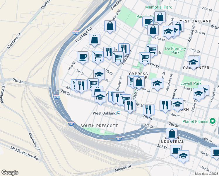 map of restaurants, bars, coffee shops, grocery stores, and more near 824 Henry Street in Oakland