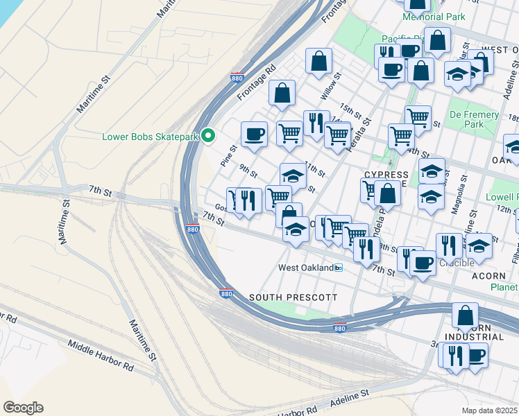 map of restaurants, bars, coffee shops, grocery stores, and more near 1659 8th Street in Oakland