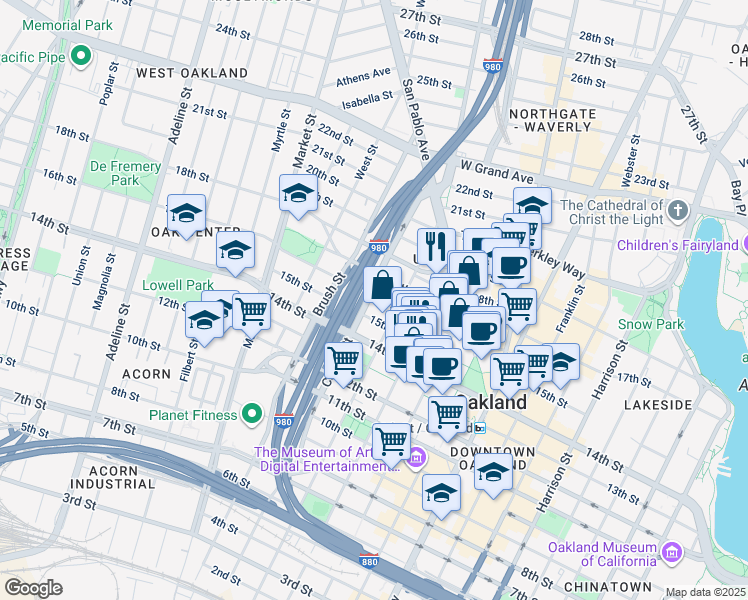 map of restaurants, bars, coffee shops, grocery stores, and more near 1520 Castro Street in Oakland