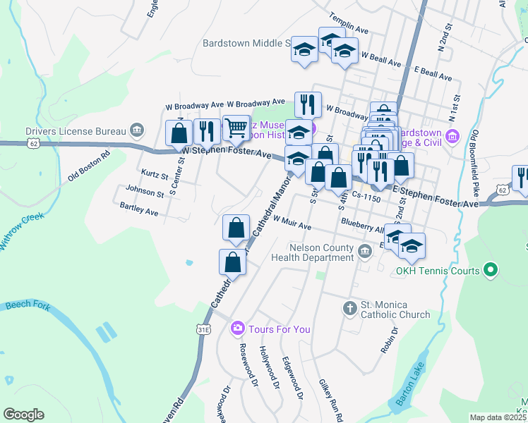 map of restaurants, bars, coffee shops, grocery stores, and more near 218 Cathedral Manor in Bardstown