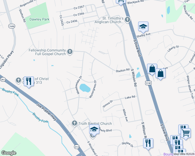 map of restaurants, bars, coffee shops, grocery stores, and more near 2635 Lake Road North in Radcliff