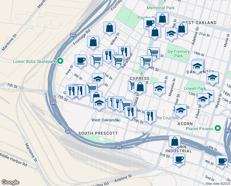 map of restaurants, bars, coffee shops, grocery stores, and more near 1514 9th Street in Oakland