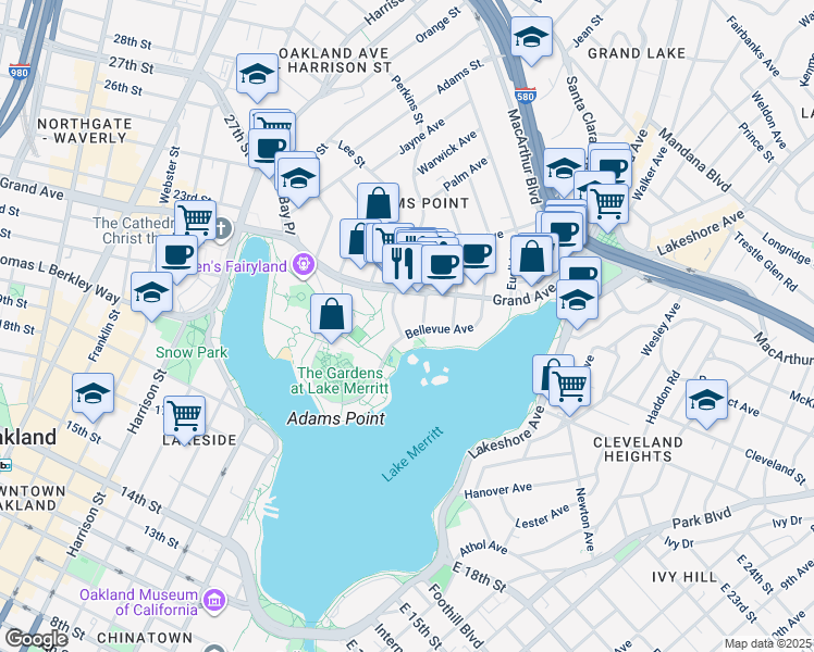 map of restaurants, bars, coffee shops, grocery stores, and more near 565 Bellevue Avenue in Oakland