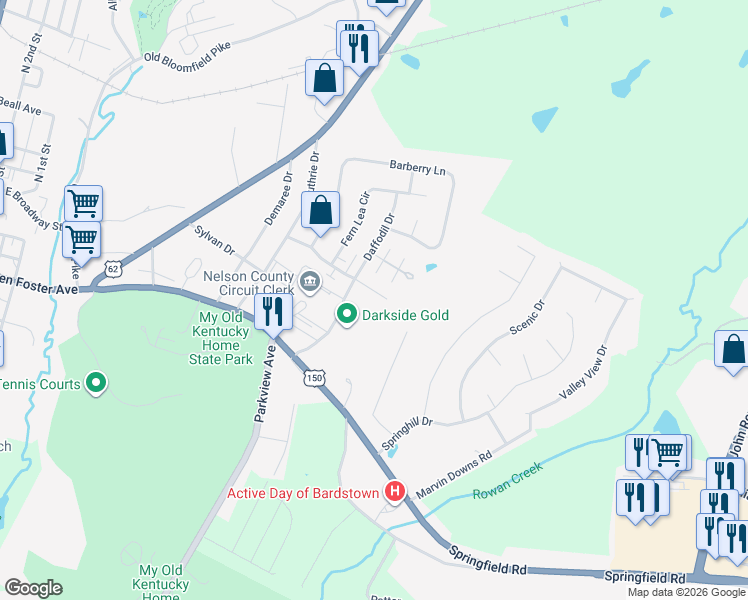 map of restaurants, bars, coffee shops, grocery stores, and more near 207 Honeysuckle Lane in Bardstown