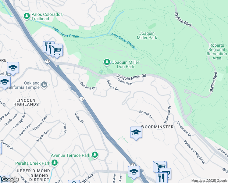 map of restaurants, bars, coffee shops, grocery stores, and more near 3115 Butters Drive in Oakland