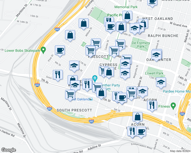 map of restaurants, bars, coffee shops, grocery stores, and more near 935 Center Street in Oakland
