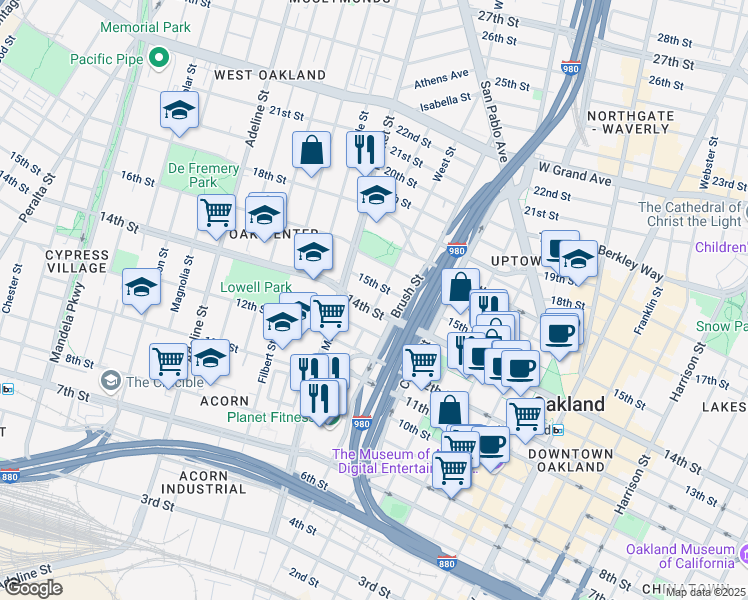 map of restaurants, bars, coffee shops, grocery stores, and more near 801 14th Street in Oakland