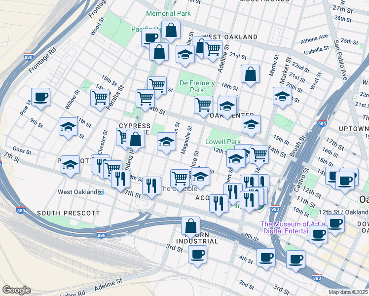 map of restaurants, bars, coffee shops, grocery stores, and more near 1027 Adeline Street in Oakland
