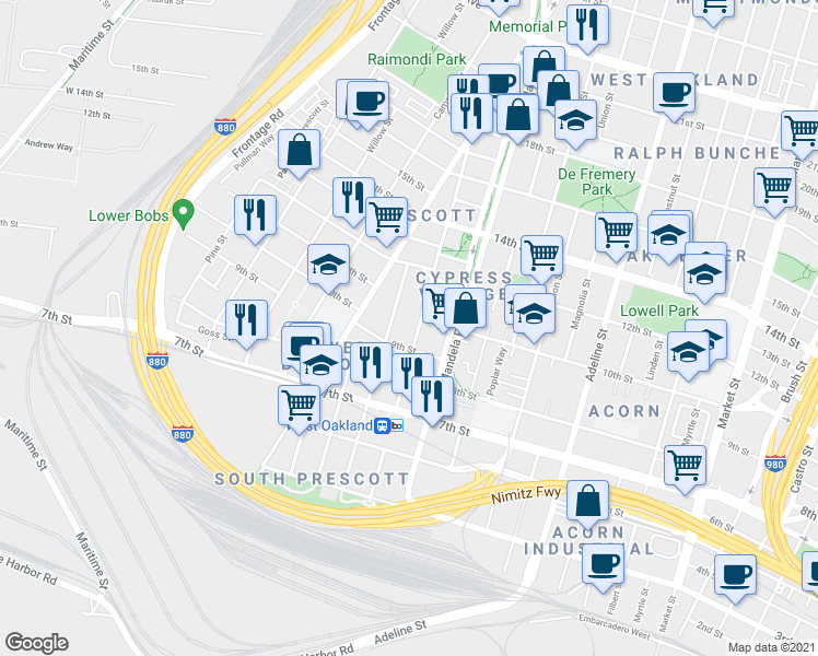 map of restaurants, bars, coffee shops, grocery stores, and more near 1480 9th Street in Oakland