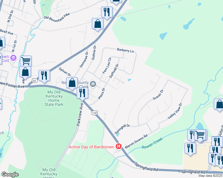 map of restaurants, bars, coffee shops, grocery stores, and more near 207 Honeysuckle Lane in Bardstown