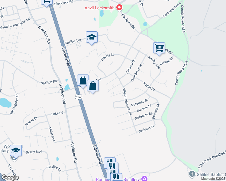 map of restaurants, bars, coffee shops, grocery stores, and more near 2925 Crockett Court in Radcliff