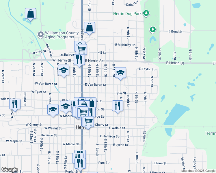 map of restaurants, bars, coffee shops, grocery stores, and more near 401-499 East Tyler Street in Herrin