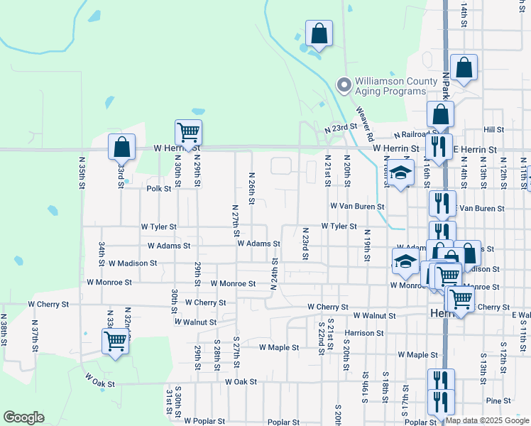 map of restaurants, bars, coffee shops, grocery stores, and more near 1105 West Tyler Street in Herrin