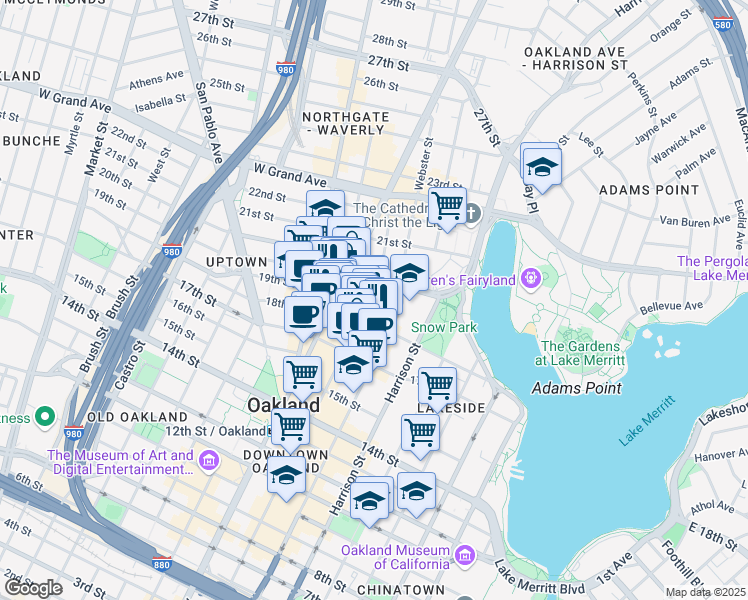 map of restaurants, bars, coffee shops, grocery stores, and more near 1950 Franklin Street in Oakland