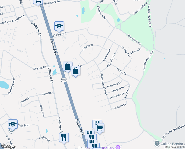 map of restaurants, bars, coffee shops, grocery stores, and more near 2925 Crockett Court in Radcliff