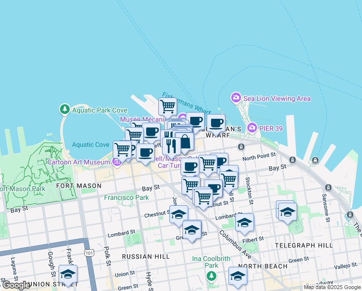 map of restaurants, bars, coffee shops, grocery stores, and more near 452 Beach Street in San Francisco