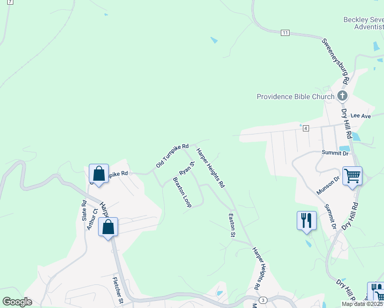 map of restaurants, bars, coffee shops, grocery stores, and more near 100-140 Ryan St in Beckley