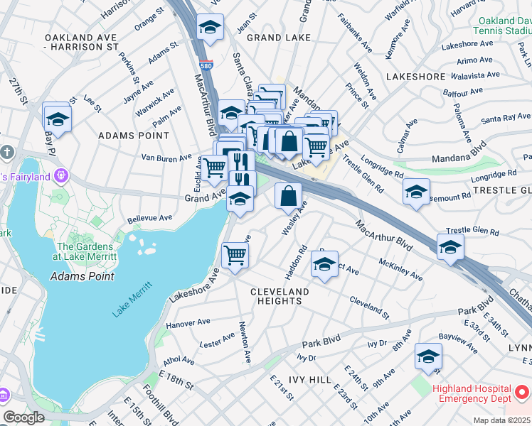 map of restaurants, bars, coffee shops, grocery stores, and more near 540 Merritt Avenue in Oakland