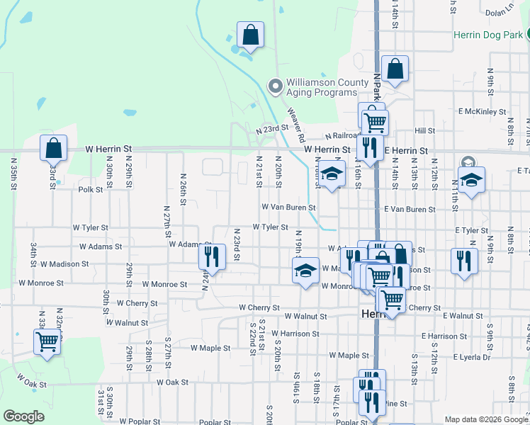 map of restaurants, bars, coffee shops, grocery stores, and more near 501 North 20th Street in Herrin
