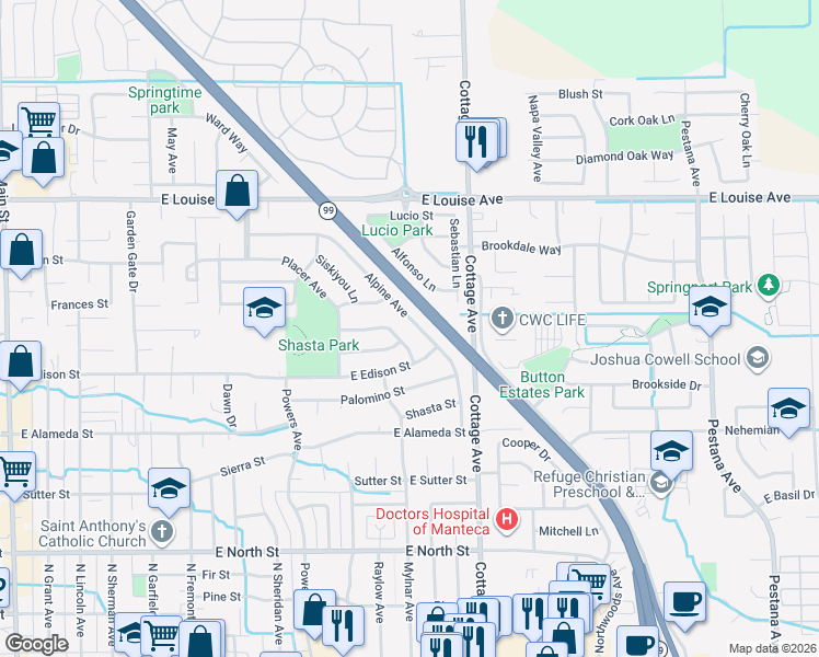 map of restaurants, bars, coffee shops, grocery stores, and more near 1067 Plumas Way in Manteca