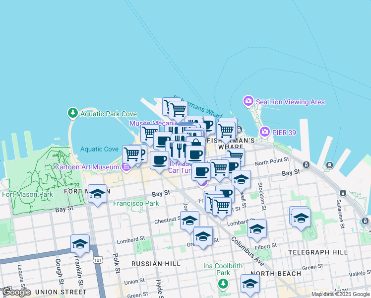 map of restaurants, bars, coffee shops, grocery stores, and more near 452 Beach Street in San Francisco