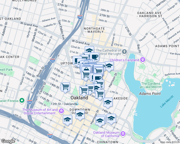 map of restaurants, bars, coffee shops, grocery stores, and more near in Oakland
