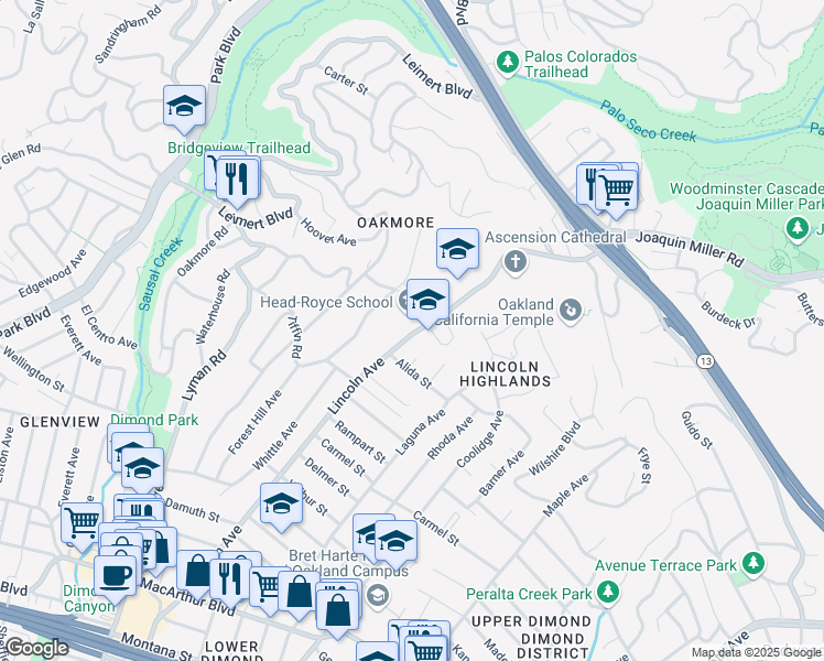 map of restaurants, bars, coffee shops, grocery stores, and more near 4315 Lincoln Avenue in Oakland