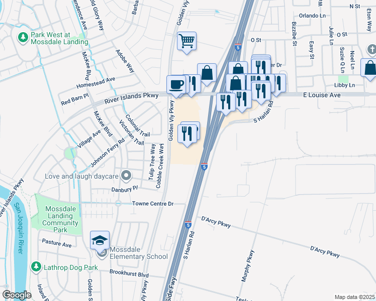 map of restaurants, bars, coffee shops, grocery stores, and more near 16858 Golden Valley Parkway in Lathrop