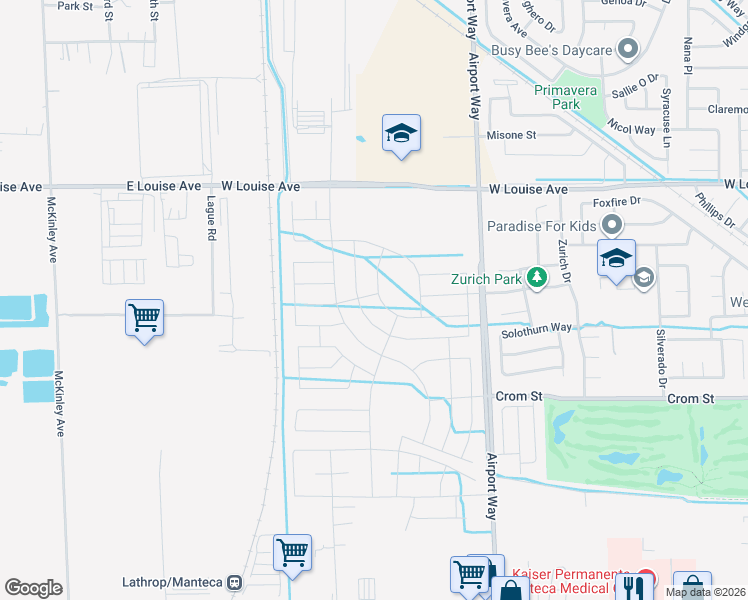 map of restaurants, bars, coffee shops, grocery stores, and more near 697 Airport Way in Manteca