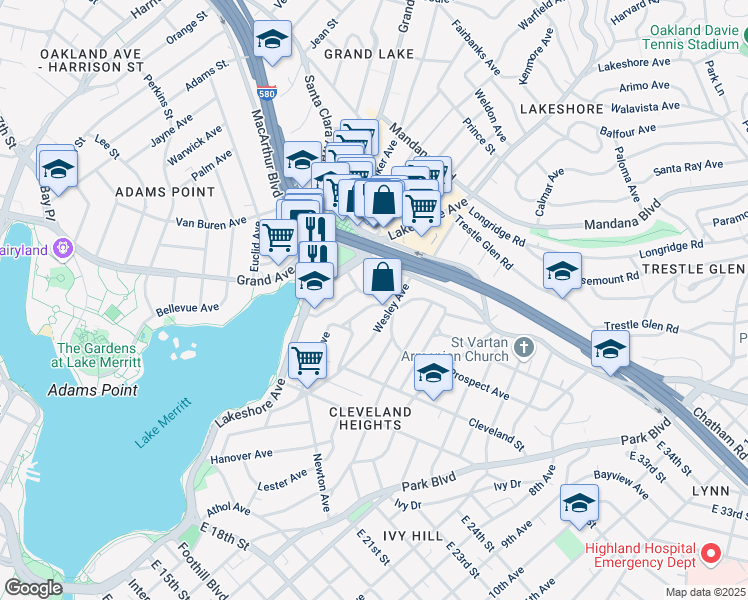 map of restaurants, bars, coffee shops, grocery stores, and more near 540 Merritt Avenue in Oakland