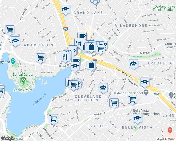 map of restaurants, bars, coffee shops, grocery stores, and more near 540 Merritt Avenue in Oakland