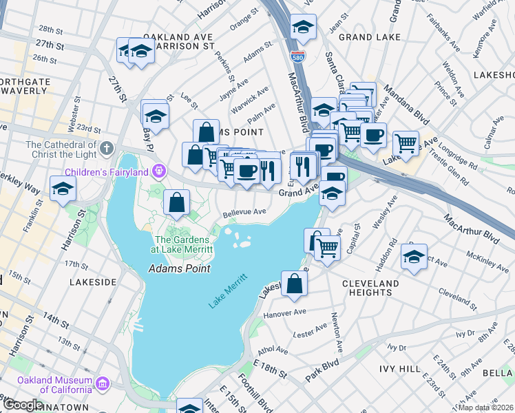 map of restaurants, bars, coffee shops, grocery stores, and more near 462 Bellevue Avenue in Oakland