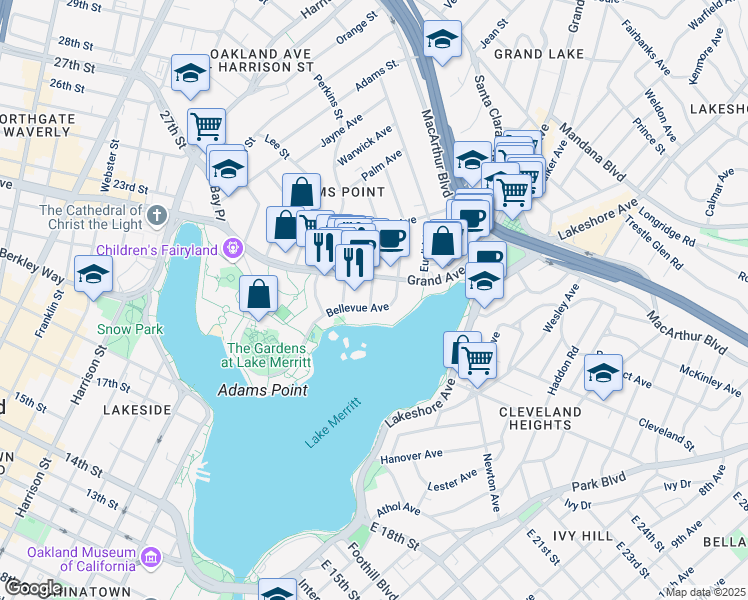 map of restaurants, bars, coffee shops, grocery stores, and more near 525 Bellevue Avenue in Oakland