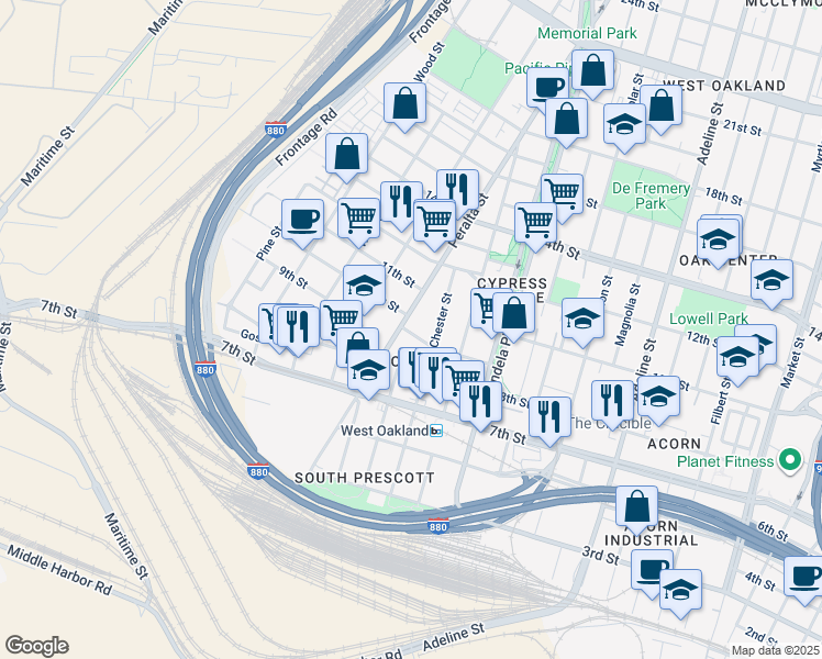 map of restaurants, bars, coffee shops, grocery stores, and more near 824 Henry Street in Oakland