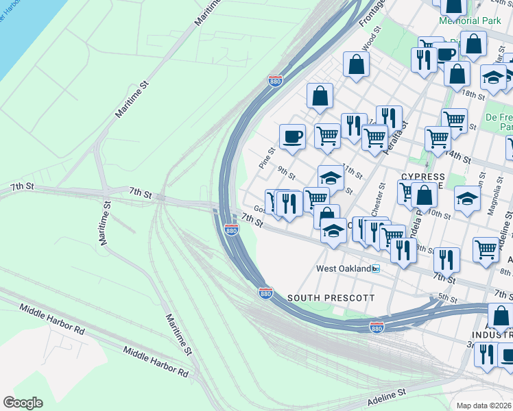 map of restaurants, bars, coffee shops, grocery stores, and more near 721 Wood Street in Oakland