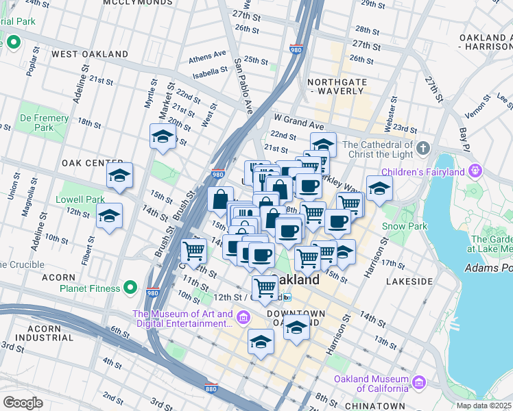 map of restaurants, bars, coffee shops, grocery stores, and more near 1603 Jefferson Street in Oakland