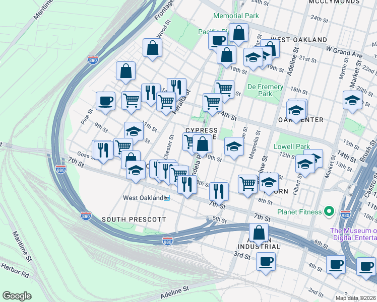 map of restaurants, bars, coffee shops, grocery stores, and more near in Oakland